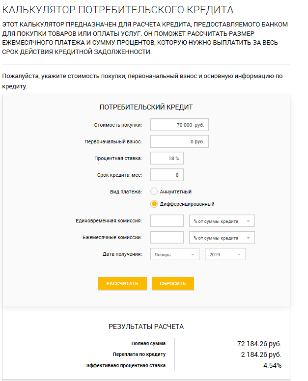 Скриншот расчета ежемесячного дифференцированного платежа с помощью кредитного калькулятора на сайте vashifinancy.ru.