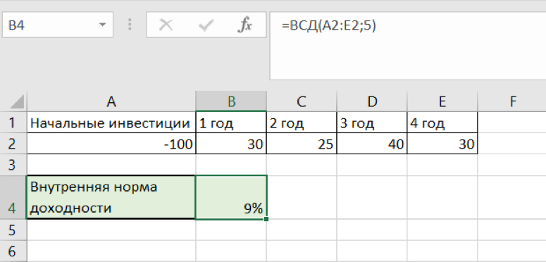 Расчет внутренней нормы доходности в Excel