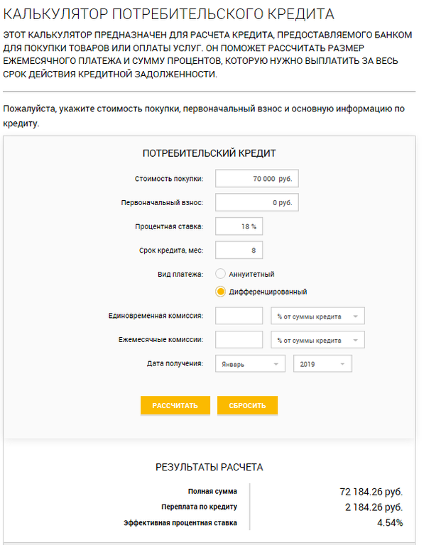 Скриншот расчета ежемесячного дифференцированного платежа с помощью кредитного калькулятора на сайте vashifinancy.ru.